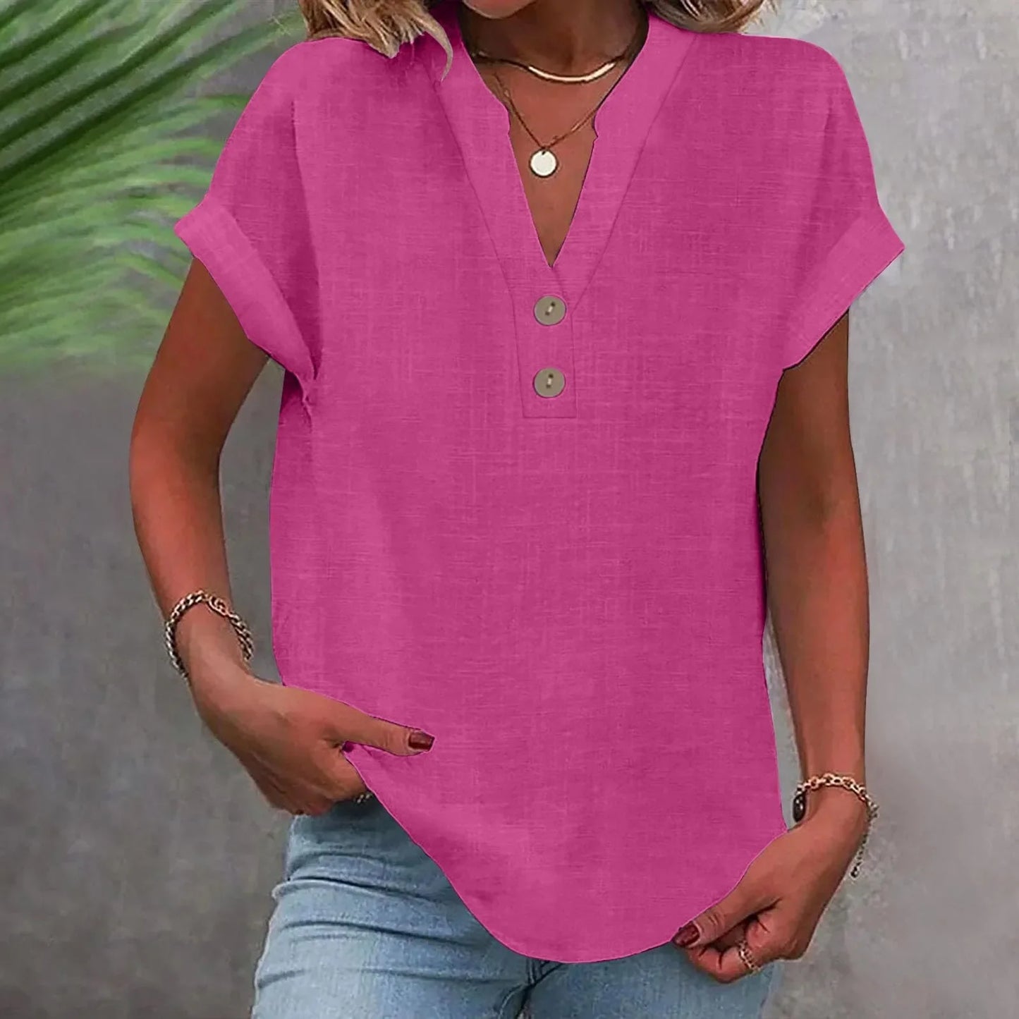 Women’s Summer Cotton Linen V-Neck Button Down Shirt – Breathable Casual Office Top in Solid Colors