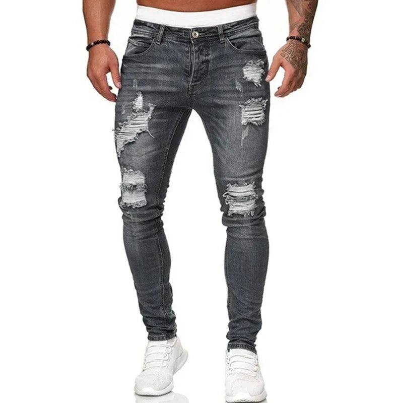 Men’s Ripped Skinny Jeans - Vintage Wash Slim Fit Denim Pants with Street Style Casual Look
