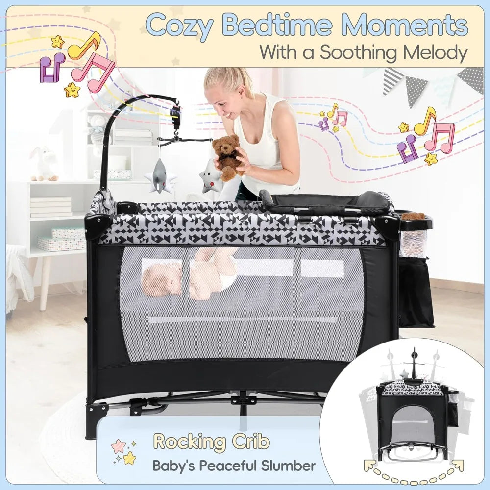 5-in-1 Portable Pack and Play Bassinet — Bedside Sleeper with Diaper Changer, Storage Bag & Music Box