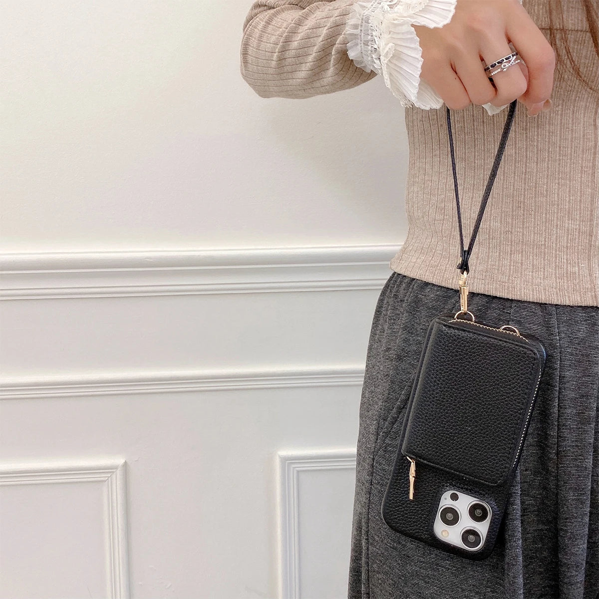 Luxury Litchi PU Leather iPhone Case β Card Holder Lanyard Wallet Cover for iPhone 11 to 15 Pro Max π±β¨