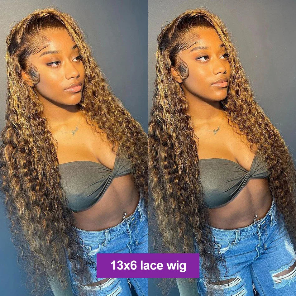 30-36 Inch Curly Highlight Wig – Honey Blonde 13x4 Lace Front Deep Wave Brazilian Human Hair HD Lace Frontal Wig for Women