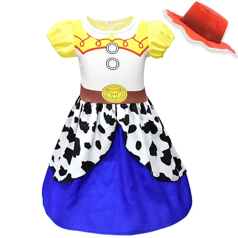 Kids Cowgirl Costume Dress - Girls Cartoon Print Short Sleeve Halloween Cosplay Party Outfit