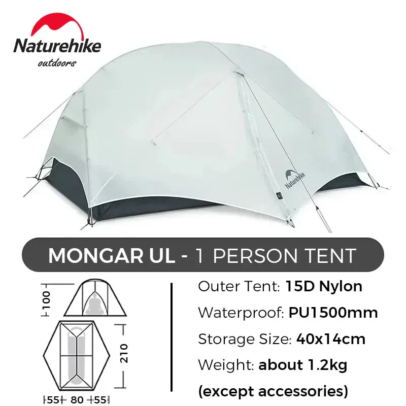 Naturehike Mongar UL Hiking Tent – 1-2 Person Ultralight Waterproof 15D Nylon Backpacking Tent