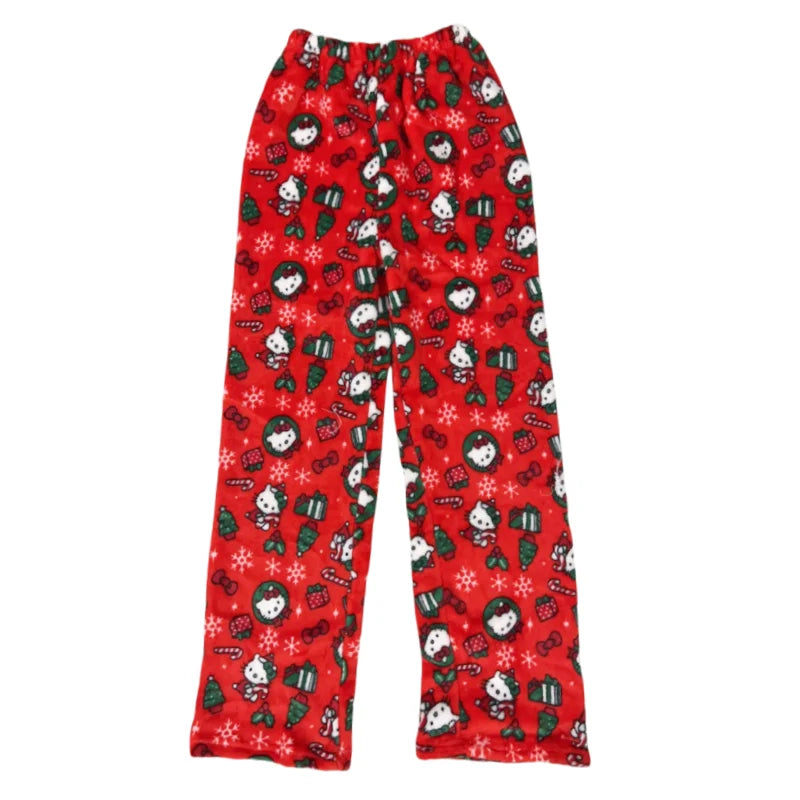 Kawaii Hello Kitty Flannel Pajama Pants – Warm Woolen Anime Trousers for Women, Cute Autumn Loungewear Gift
