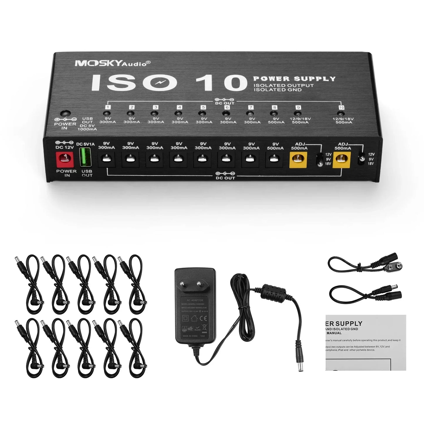MOSKY ISO-10 Guitar Pedal Power Supply – 10 Isolated DC Outputs, 5V USB Output for 9V, 12V, 18V, Protection for Guitar Accessories
