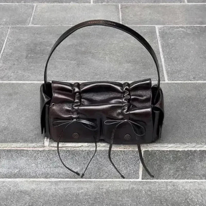 2024 Distressed PU Leather Rivet Bow Shoulder Bag – Pleated Underarm Luxury Handbag for Women