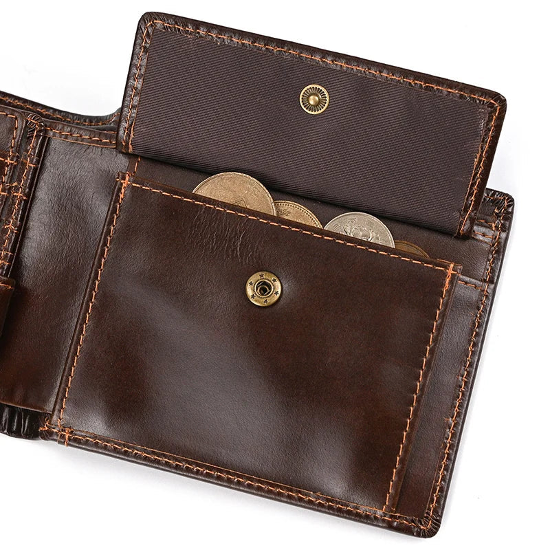 Genuine Cow Leather Trifold Wallet – Men’s Short Wallet with Zipper Coin Pocket & Card Holder Clutch Purse