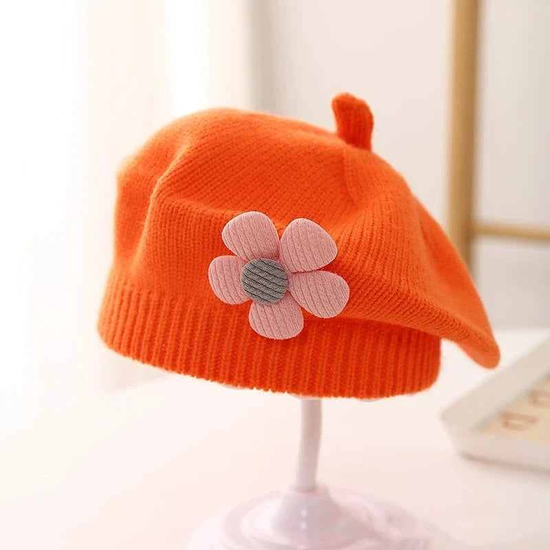 Flower Baby Beret Hat - Warm Knitted Winter Beanie Cap for Infant Girls & Toddlers