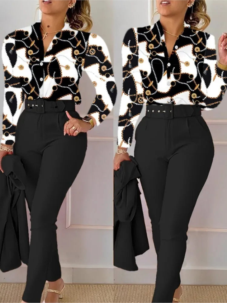 Women’s Autumn Winter Two-Piece Set – Stand Neck Floral Shirt & Pants with Belt, Elegant Casual Outfit