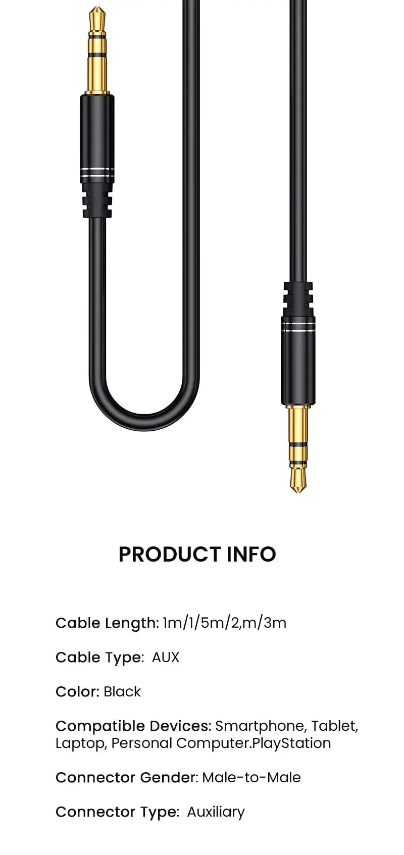 3.5mm Male to Male Aux Audio Cable — Compatible with Car Stereos, Speakers & Headphones