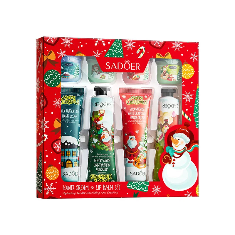 SADOER 8pcs Christmas Hand & Lip Care Set — Moisturizing Hand Cream & Lip Balm for Plump Lips and Smooth Skin