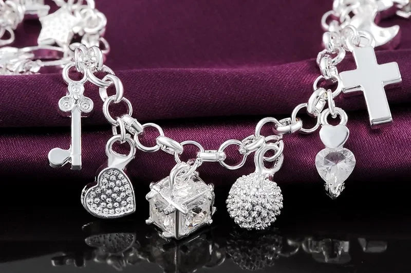 Fashion 925 Sterling Silver Bracelet for Women — Pretty Heart Zircon Pendant Chain, 20CM/8inch, Classic Wedding & Party Jewelry Gift