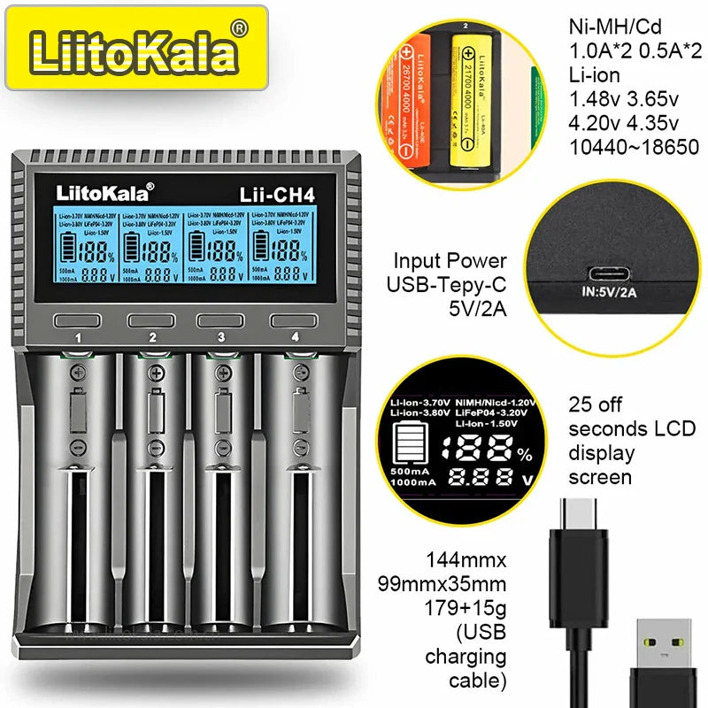 LiitoKala Lii-CH4 Smart Battery Charger – 4-Slot Fast USB-C Charging for 18650/21700/26650/AA/AAA Ni-MH & Li-Ion with Auto Detect