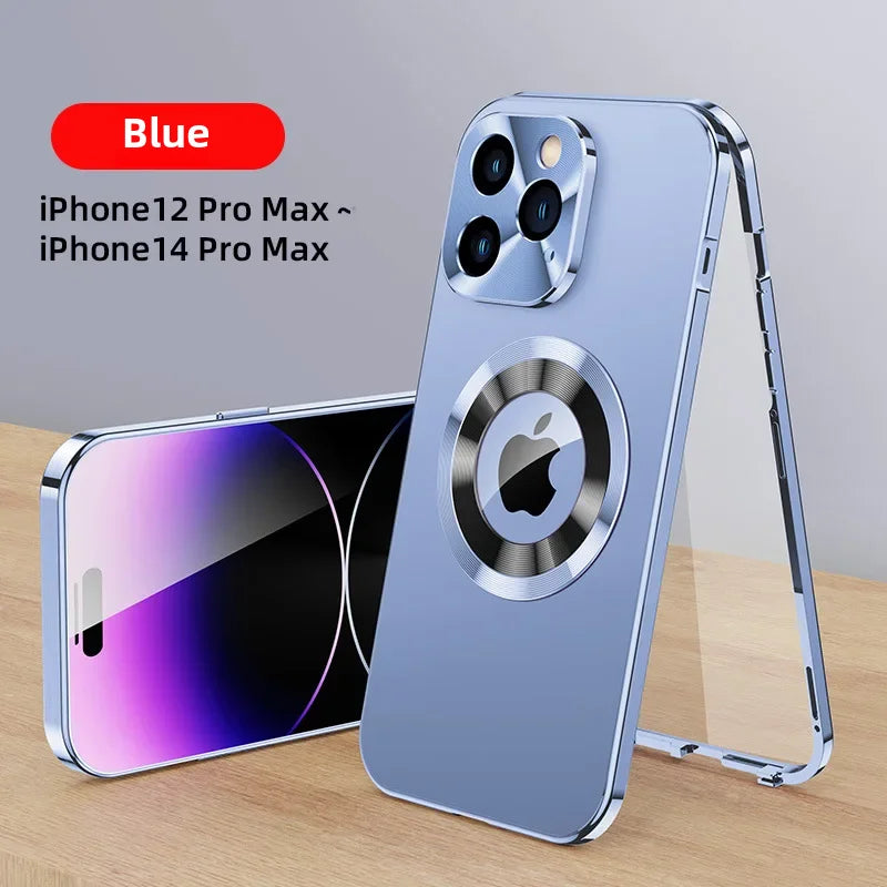 Magnetic Absorption Phone Case for iPhone 16/15/14/13 Pro Max – Aluminum Alloy & Glass Full-Body, Anti-Fall Protection