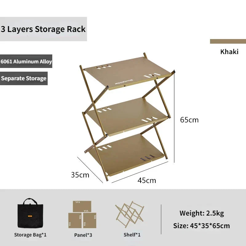 MOUNTAINHIKER Three-Tier Folding Rack – Portable Outdoor Storage Shelf for Camping, Picnic, BBQ & Garden Use