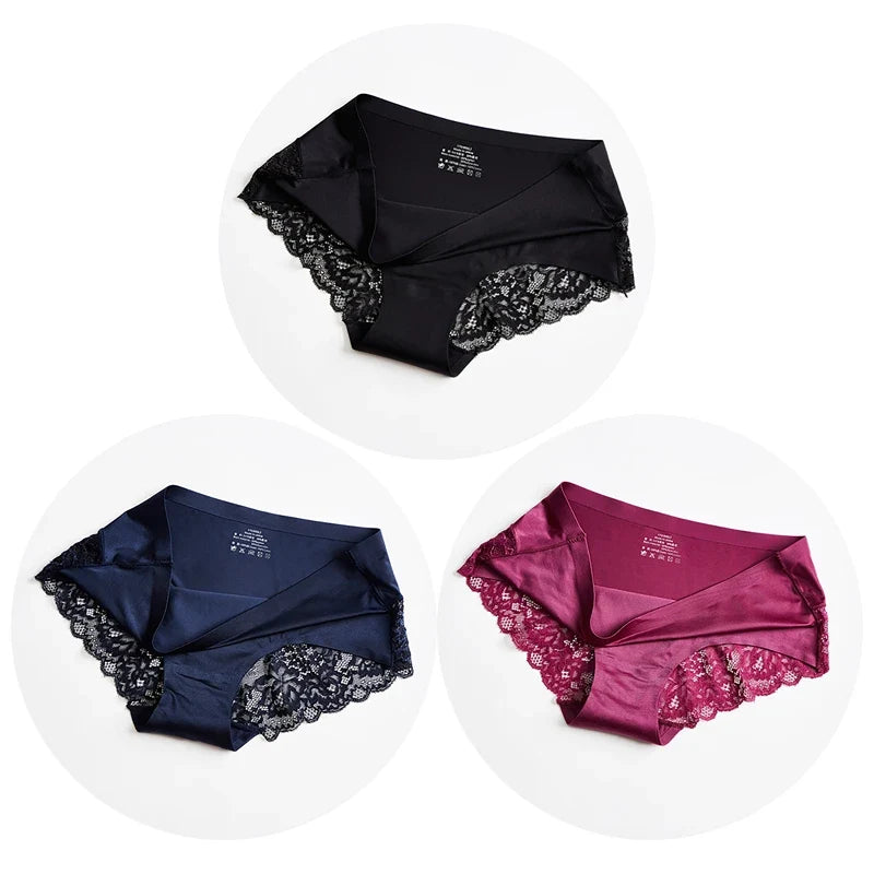 Women’s Lace Panties 3PCS Set - Soft Satin Briefs Sexy Lingerie Underwear Plus Size Comfort Fit