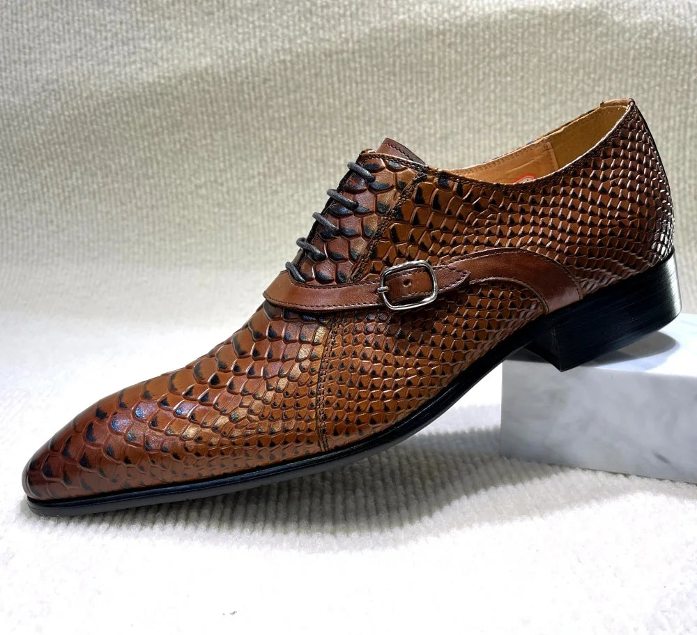 Men’s Handmade Italian-Style Leather Dress Shoes - Pointed Toe Python Pattern Wedding & Business Oxford Shoes