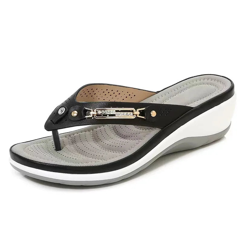 Women’s Metal Button Wedge Slides - Summer Platform Beach Sandals