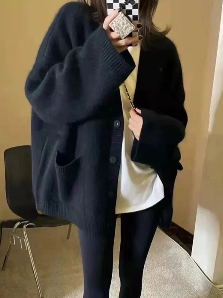 Korean Black V-Neck Knitted Cardigan – Single-Breasted Long Sleeve Loose Casual Women’s Sweater