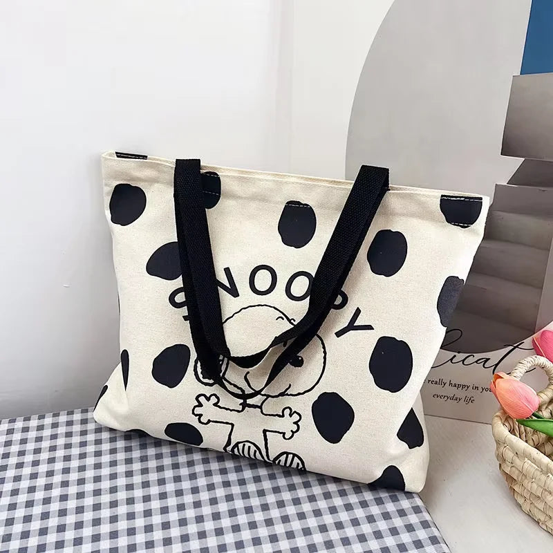 MINISO Snoopy Canvas Bag — Women’s Large Capacity Cartoon Handbag, Multi-Purpose Shoulder Tote with Hanging Accessory