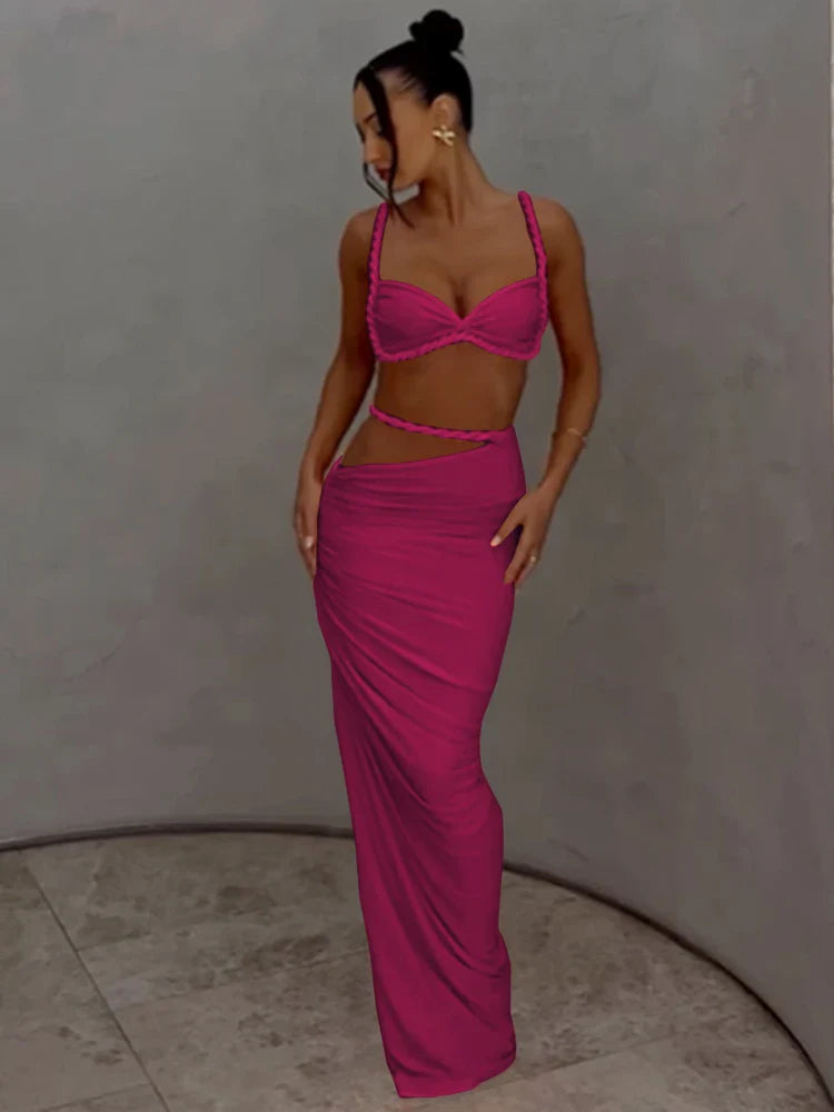 Women’s Woven Two-Piece Vacation Set – Pleated Crop Camisole & High Waist Maxi Skirt Sexy Summer Outfit Matching Set