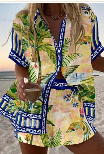 Women’s Summer 2-Piece Set – Lapel Short-Sleeve Shirt & Shorts, Elegant Loose Printed Outfit