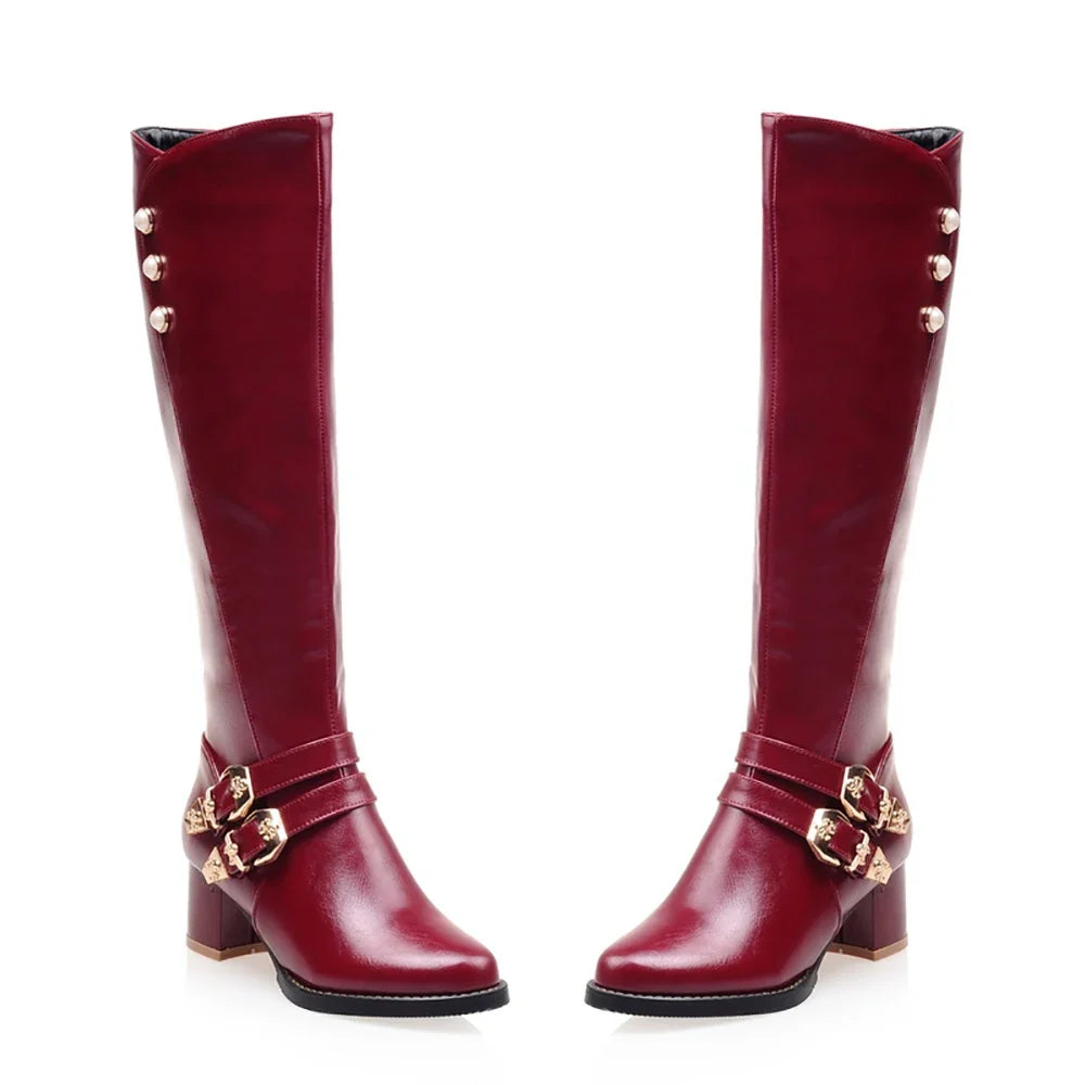 Women's Knee High Riding Boots - Winter Glamour Brown Red Chunky Heel Fashion Boots Plus Size Footwear