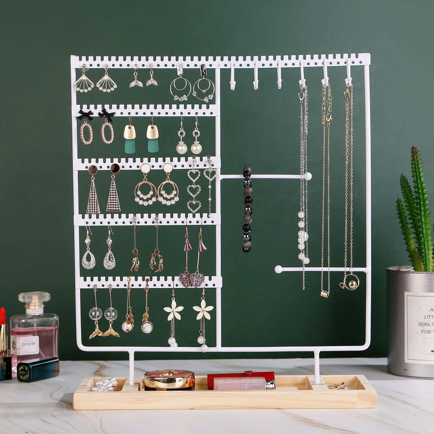 Multifunctional Jewelry Display Rack - Detachable Wooden Base Organizer for Earrings, Rings & Necklaces