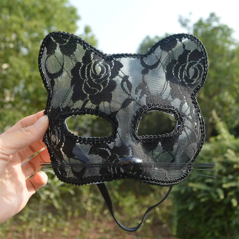 Women's Cat Face Lace Mask - Elegant Animal Masquerade Mask for Halloween Cosplay & Parties