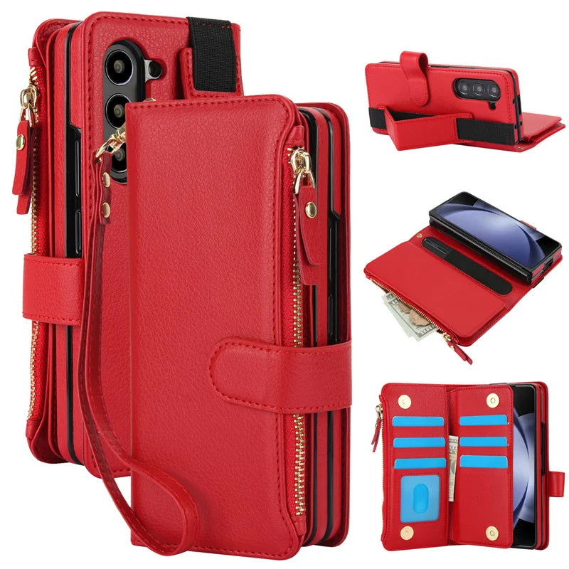 Leather Wristband Wallet Case for Samsung Galaxy Z Fold 3/4/5/6 – Shock Resistant Protective Cover