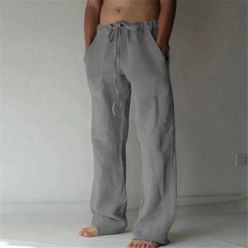 Men’s Cotton Linen Casual Pants – Breathable Summer Trousers with Elastic Waist, Solid Color Harajuku Style