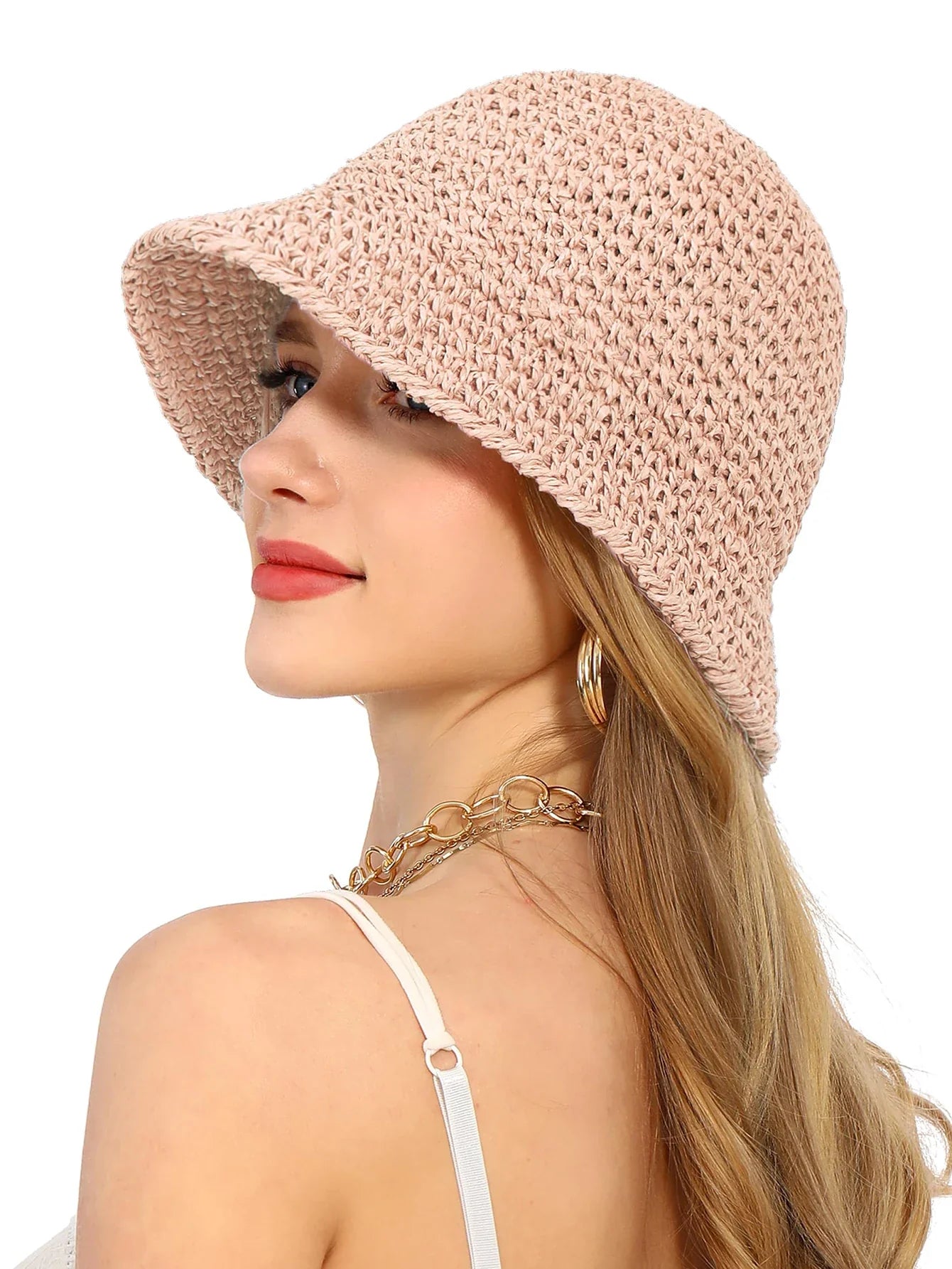 Women’s Summer Crochet Straw Bucket Hat – UV-Protect, Breathable Foldable Sunshade Cap for Beach & Outdoor Fashion