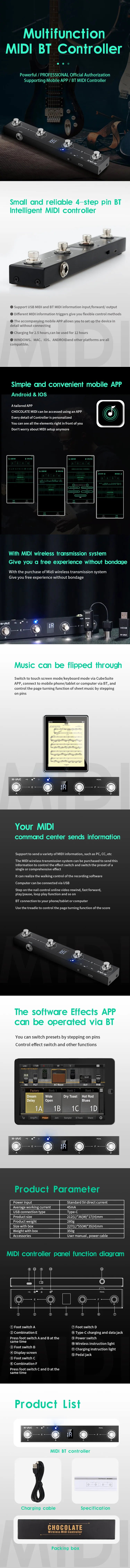 M-VAVE Chocolate MIDI Controller Pedal – Bluetooth Rechargeable, 4 Buttons with APP Control & Wireless Transmission