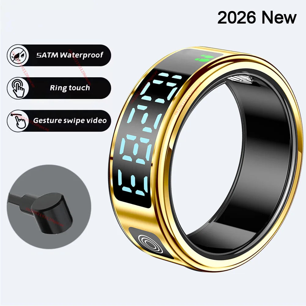2026 R12 Smart Ring with Display Screen & Touch Control – Wireless Charging Health Tracker, 5ATM Waterproof Fitness Smart Ring for Men & Women