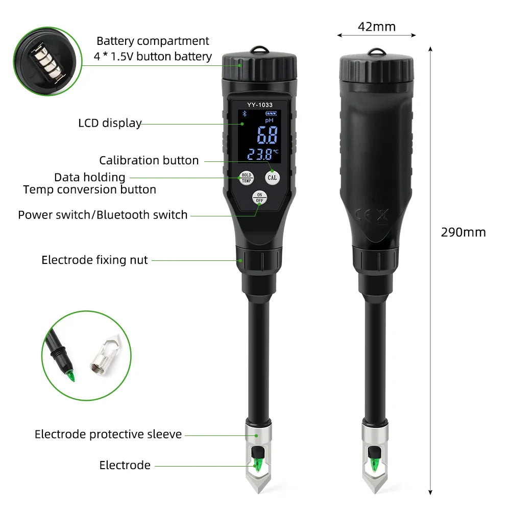 Smart Soil pH Meter 0.0-14.0pH - Bluetooth Soil Tester & Data Logger for Hydroponics, Garden & Farmland