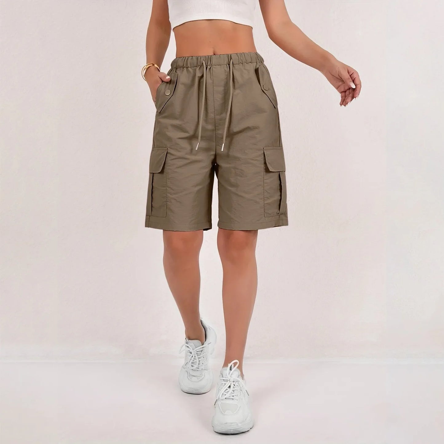Women’s High-Waisted Cargo Shorts - Loose Straight-Leg Drawstring Sports Shorts with Multiple Pockets