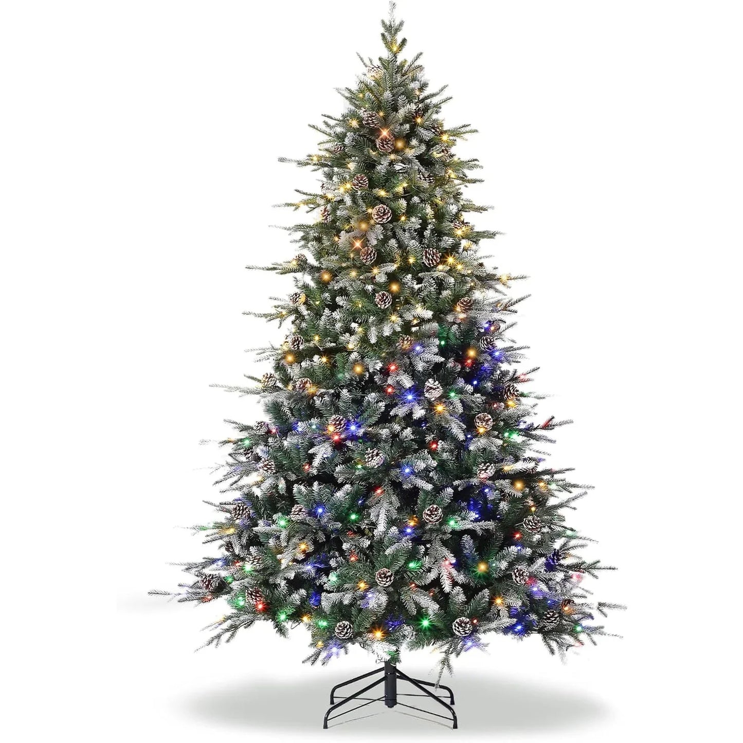 Pre-Lit Snow Flocked Christmas Tree with LED Lights & Pine Cones — 6ft, 7.5ft, 9ft Artificial Holiday Tree for Home Decor