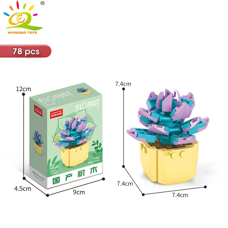 HUIQIBAO MOC Flower & Succulent Potted Building Block Set – DIY Eternal Bouquet, Home Desk Plant Decor, Girls & Kids Toy Gift