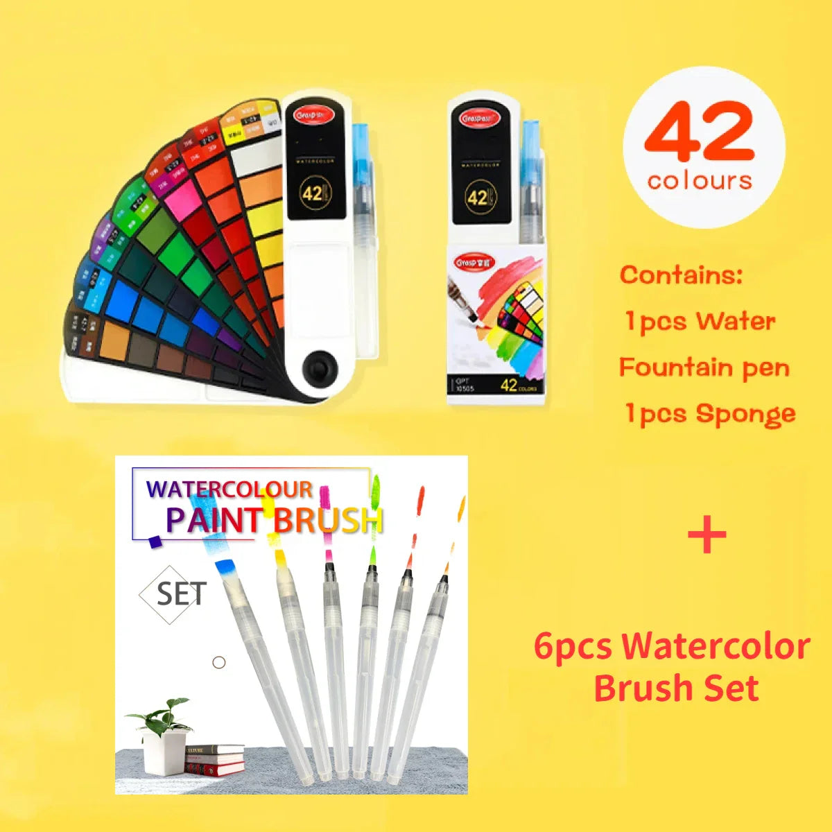 18–42 Color Solid Watercolor Set – Foldable Travel Paint Kit with Water Brush Pen & Fan-Shaped Art Painting Tools