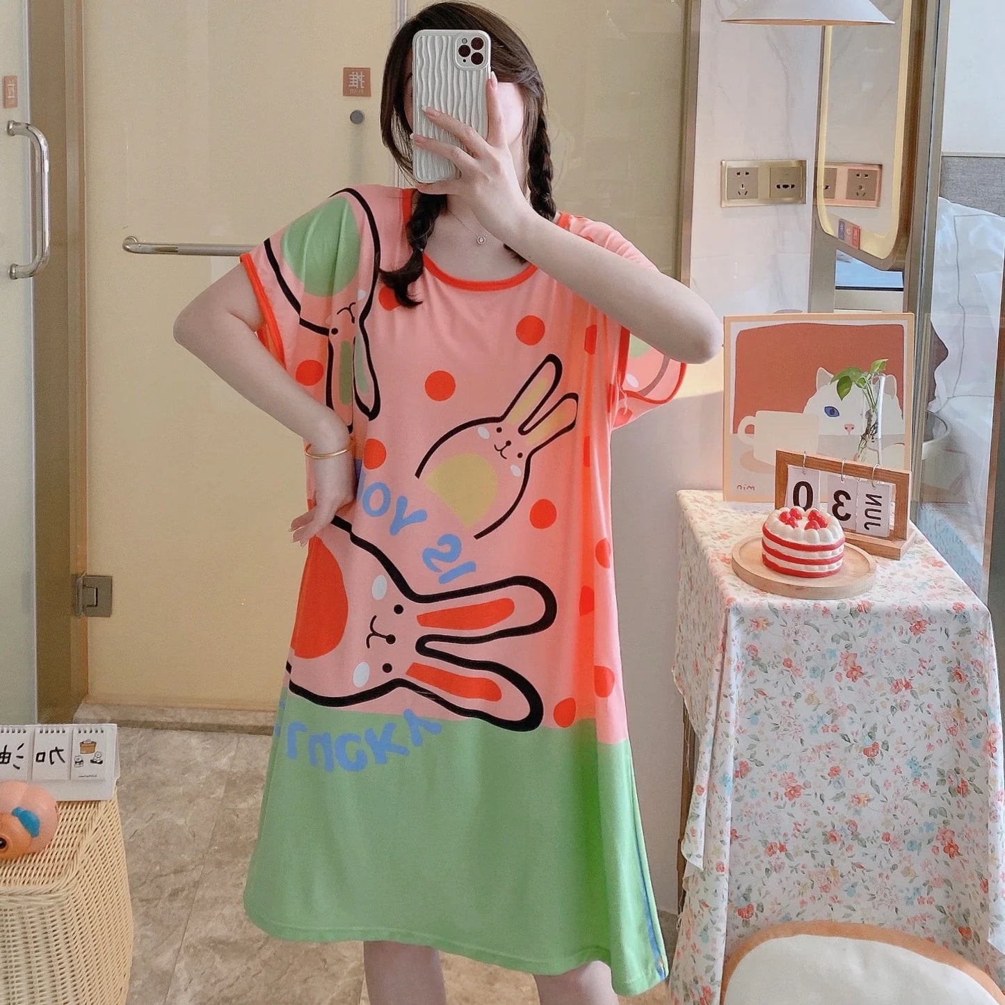 Girls’ Summer & Autumn Cartoon Nightdress – Cute Short-Sleeved Pajama Dress, Comfortable Homewear, Polyester Sleepwear