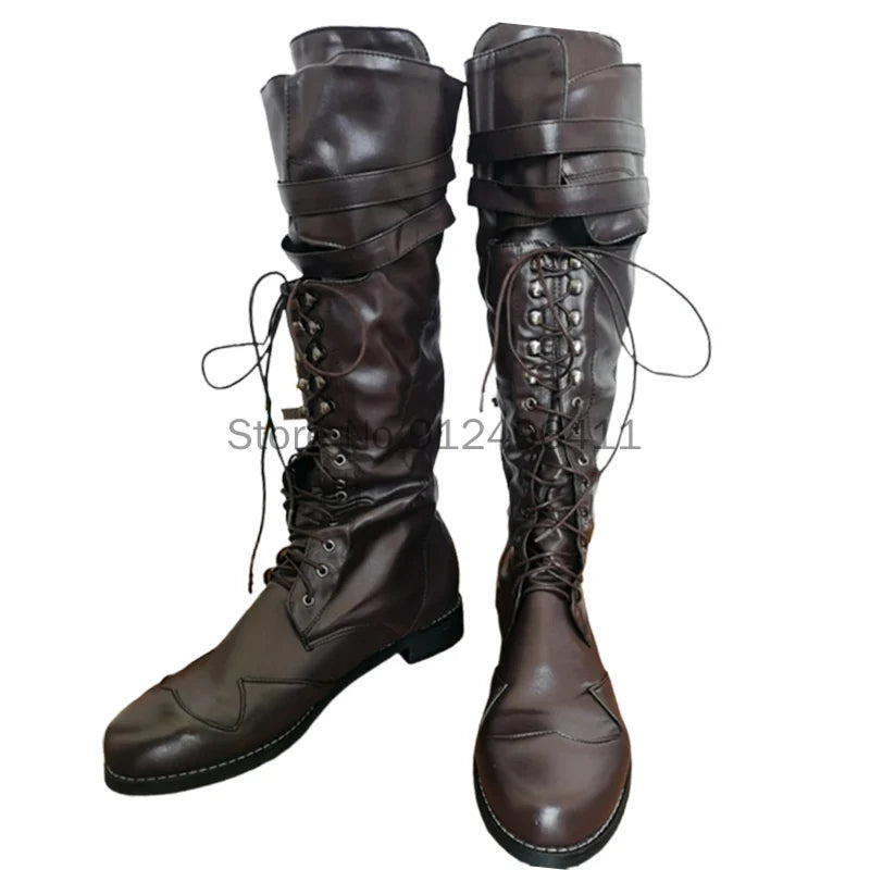 Men’s Medieval Steampunk Boots – Long Black PU Leather Cosplay Shoes for Winter LARP, Pirate, Halloween, Carnival, and Knight Costume