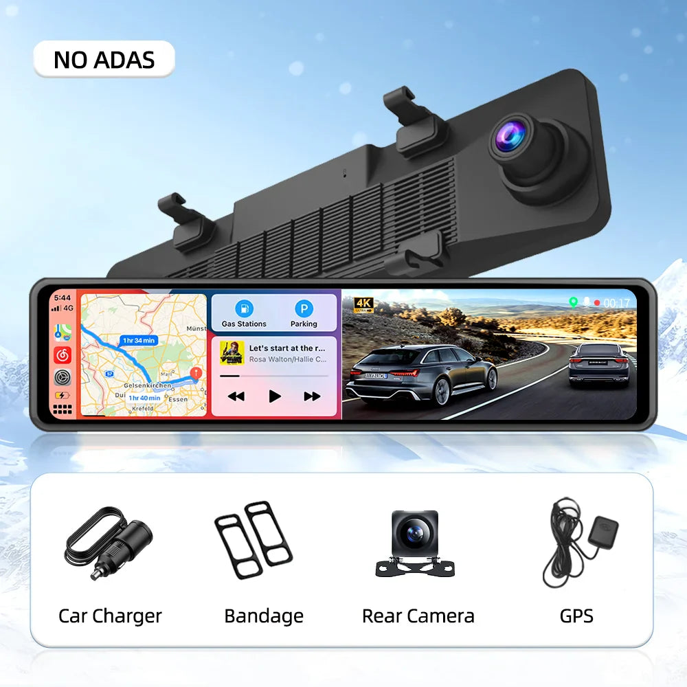 Imagebon 12" 4K Car Mirror – Wireless CarPlay, Android Auto, ADAS, Rearview Camera, GPS, FM, Night Vision Video Recorder