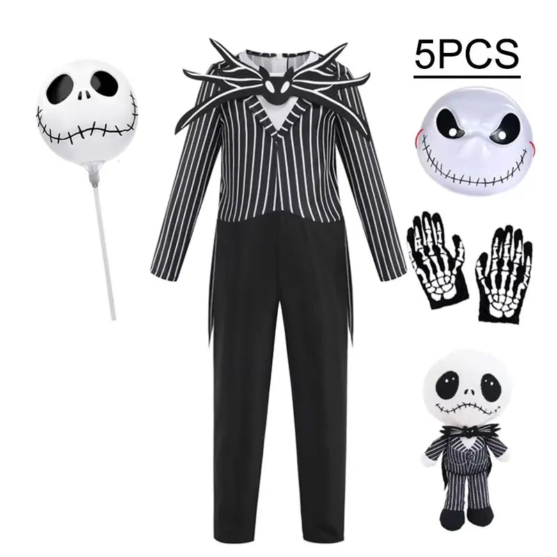 Jack Skellington Costume for Kids - Striped Halloween Cosplay Dress-Up Set