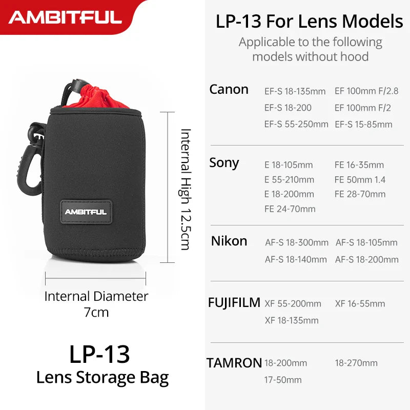 AMBITFUL Camera Lens Drawstring Bag — S/M/L/XL Pouches for Canon, Sony, Nikon DSLR Lenses