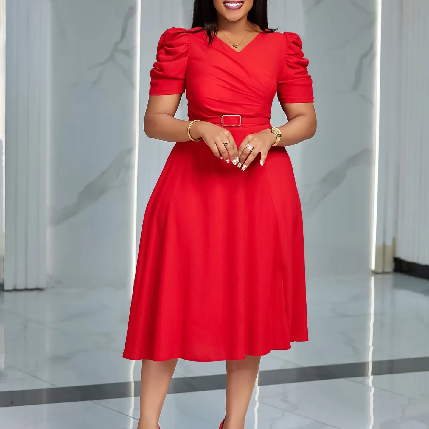 Women's Elegant V-Neck Party Dress - Pleated Mid-Calf Belted Dinner Dress