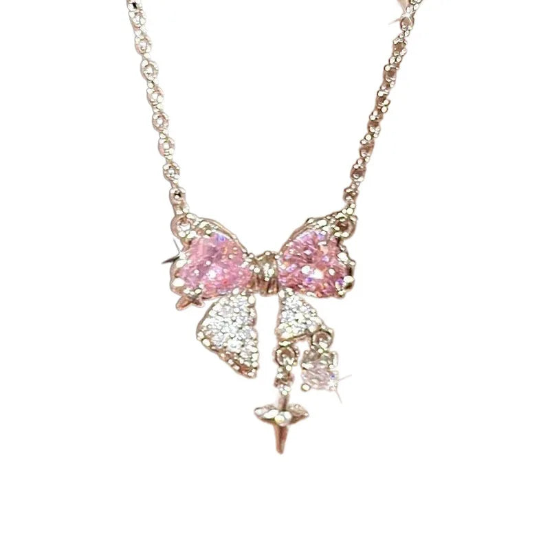 Sweet Pink Bow Necklace – Fashionable Rhinestone Star Pendant Clavicle Chain, Delicate Wedding Accessories for Women