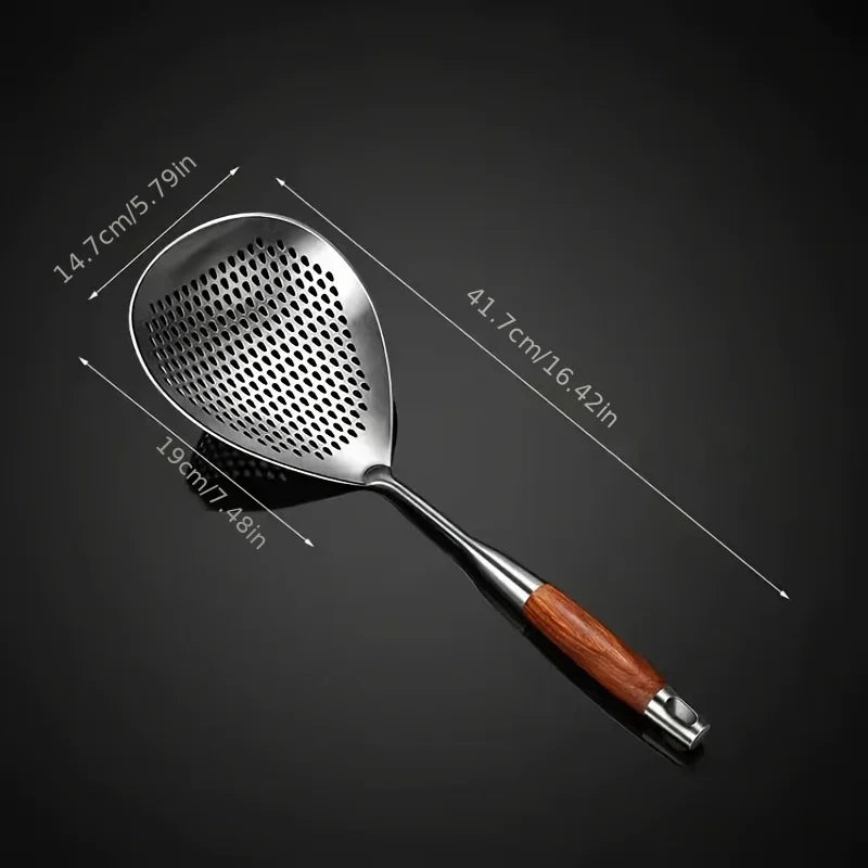 201 Stainless Steel Kitchen Strainer with Wood Handle – Pepper Seasoning Colander, Sieve & Cooking Scoop Spoon