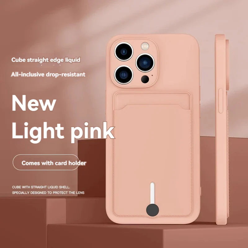 iPhone 16/15/14/13/12/11 Series Silicone TPU Card Holder Case – Slim Soft Cover with Built-In Credit Card Slot for Pro Max, Mini & Plus Models