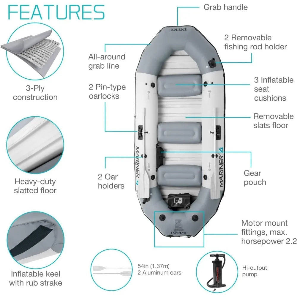 4-Person Inflatable Boat Set – Includes Aluminum Oars & High Output Air Pump for Fishing and Boating in Rivers & Lakes