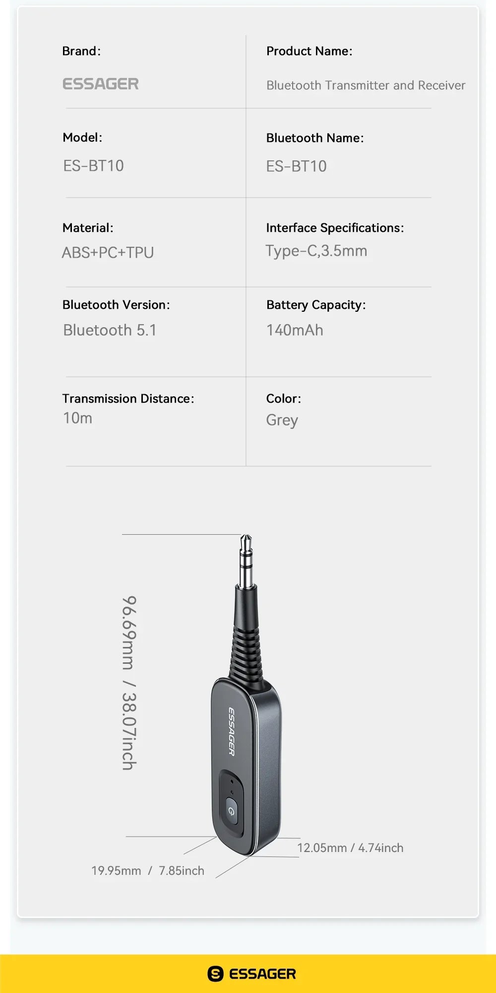 Essager Bluetooth 5.1 Audio Receiver & Transmitter – 3.5mm AUX Wireless Adapter with Mic for PC, TV, Car & Speakers
